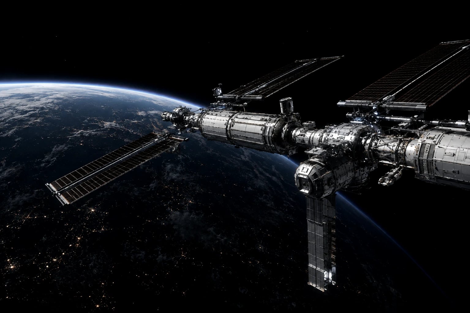 A modular orbital station under construction above Earth, its pressurised cylinders, trusses and solar arrays catching hard sunlight.