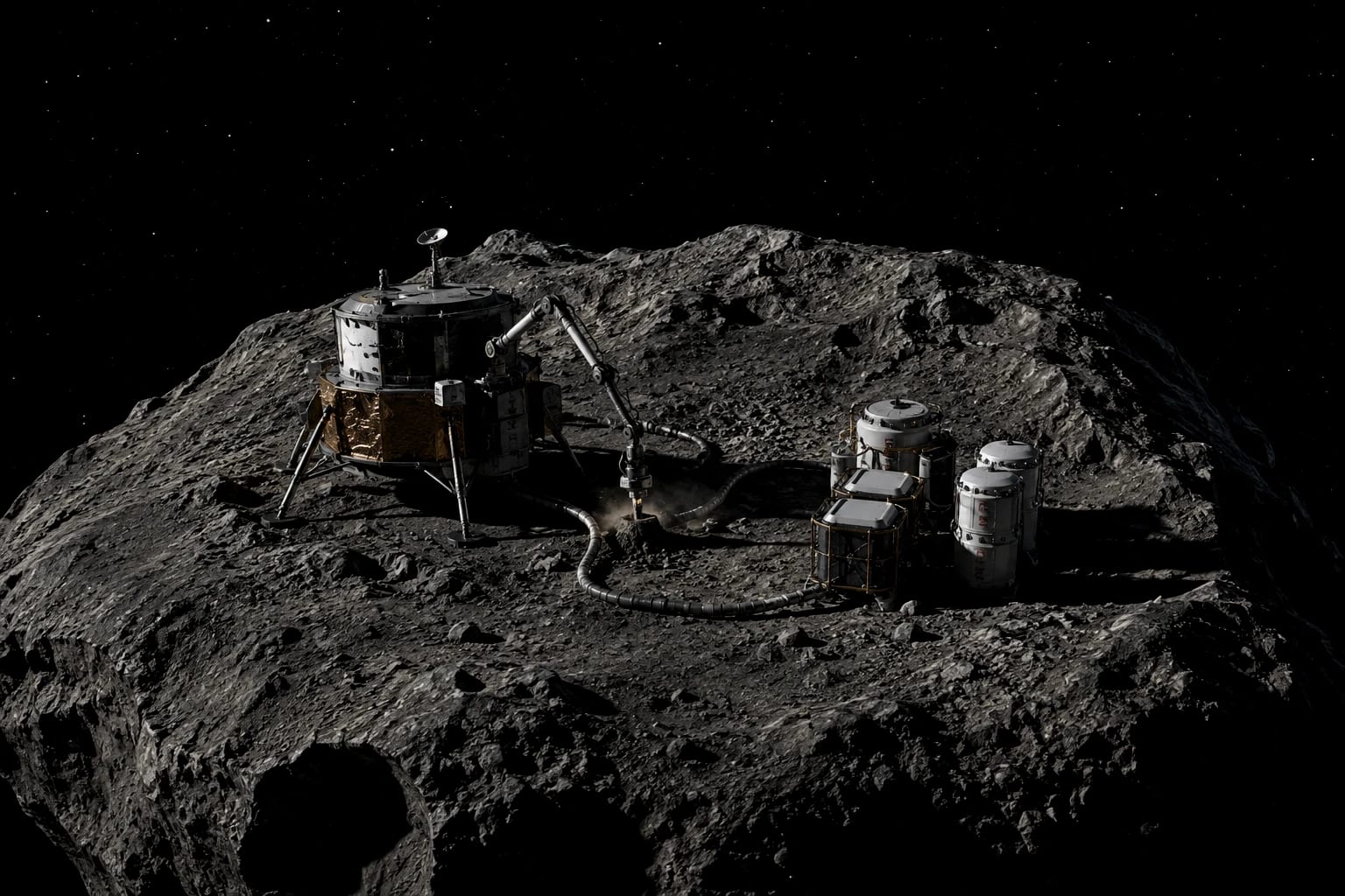 A robotic extraction lander anchored to an asteroid, drilling into regolith beside a cluster of sample canisters.