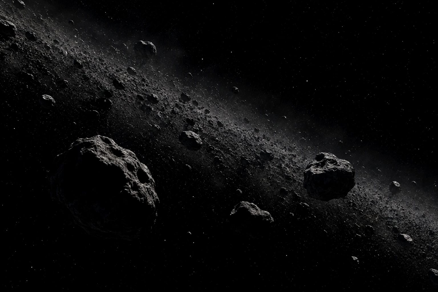 A dense belt of cratered asteroids drifting through deep space, lit by a single distant sun.