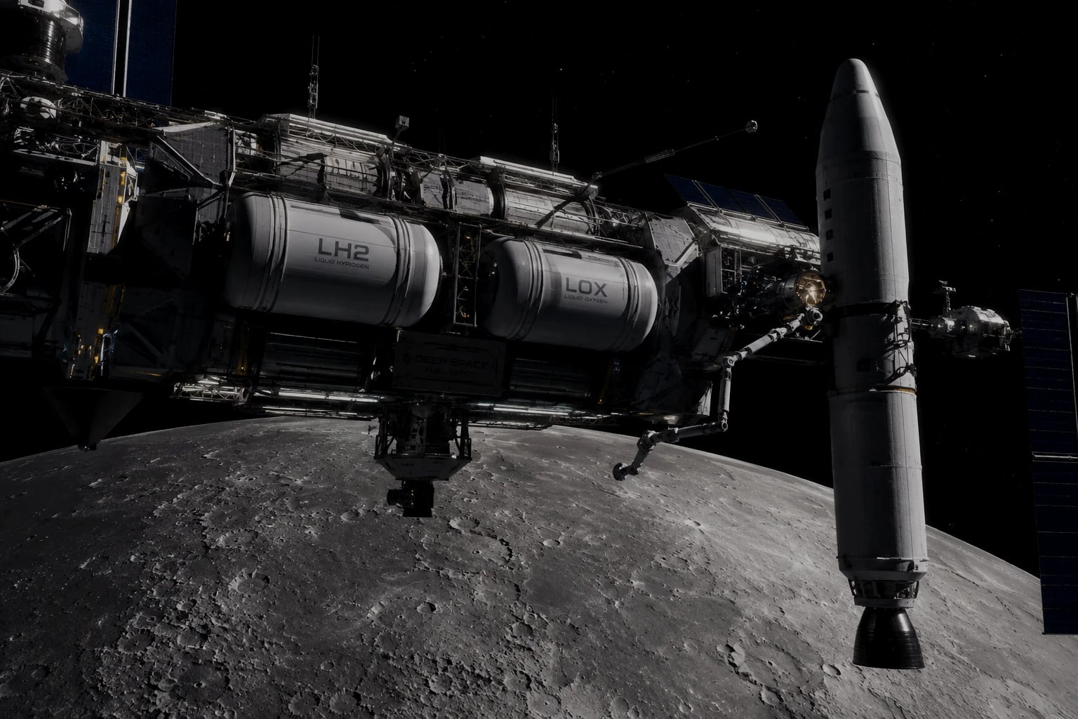 A propellant depot in lunar orbit with liquid hydrogen and liquid oxygen tanks, transfer arms and a docked deep-space vehicle above the Moon.
