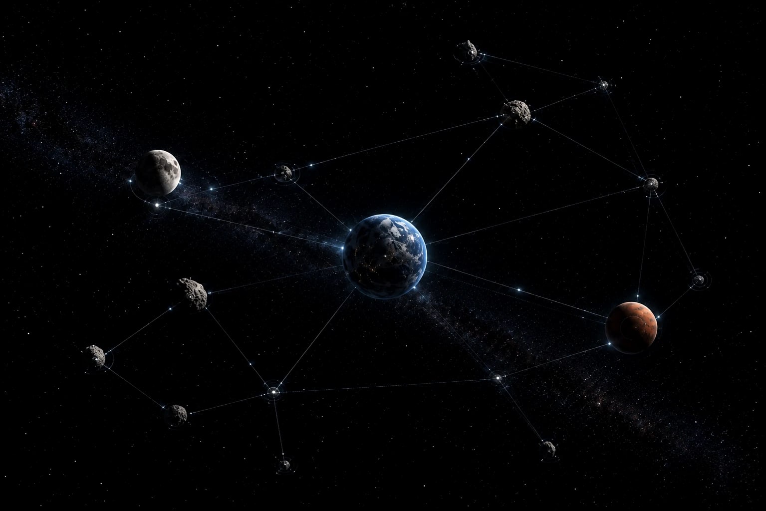 Earth, the Moon, Mars and a scatter of asteroids linked by thin transfer trajectories across deep space.