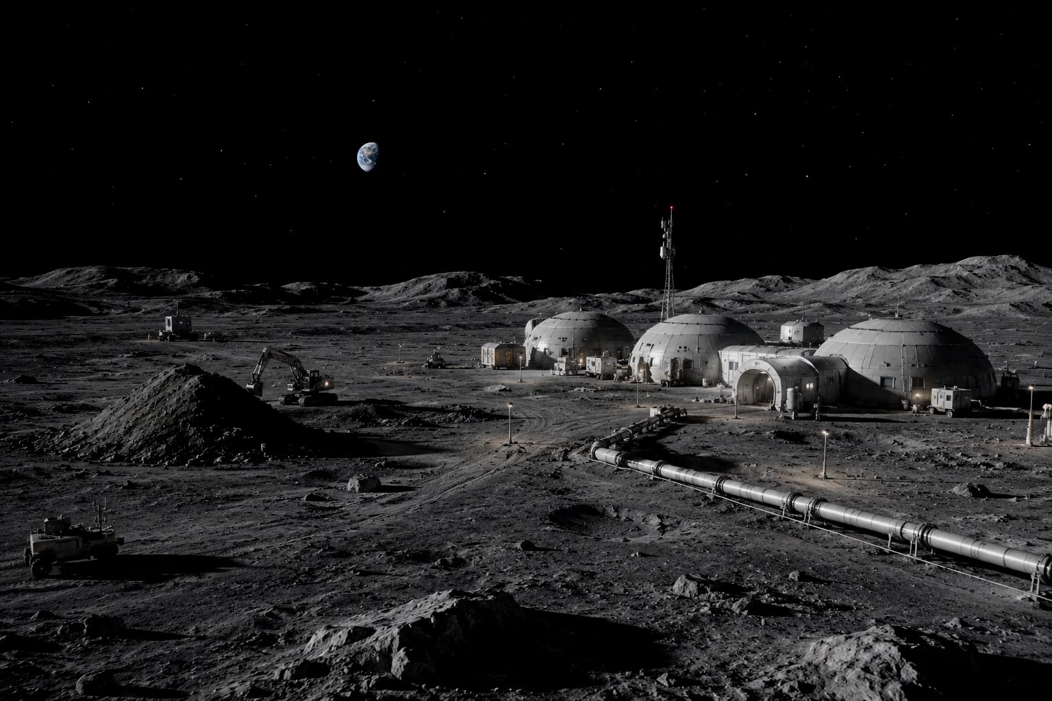 A lunar settlement of pressurised domes and utility pipelines, with an excavator working a spoil heap and Earth low on the horizon.