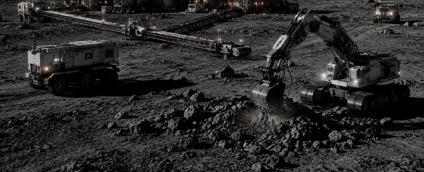 A tracked excavator loading lunar regolith beside a wheeled hauler and a long conveyor run.