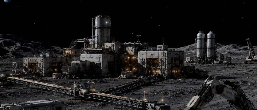 A lunar processing plant at night: distillation towers, storage vessels and conveyor lines under amber work lighting.